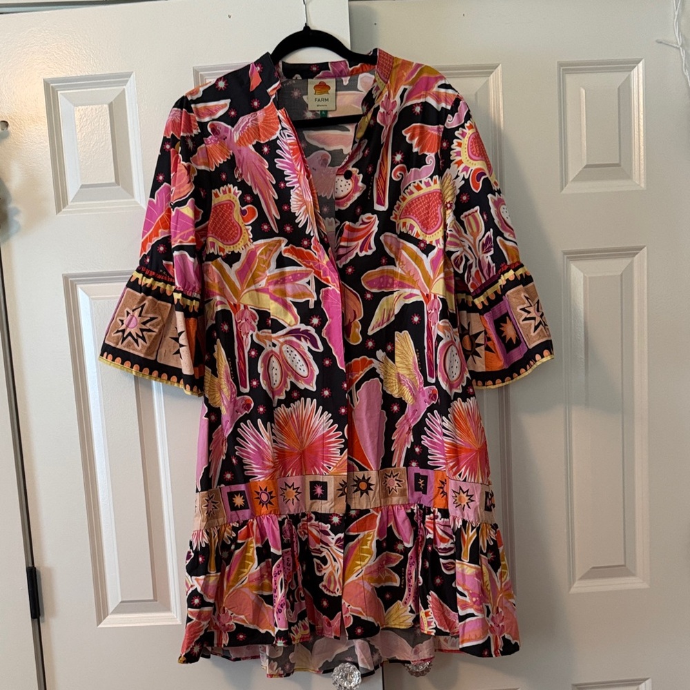 Farm Rio Tropical Patterned Dress with Bell Sleeves and Drop Waist.